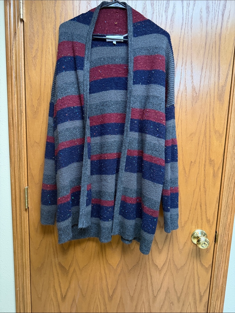 John + Jenn Striped Open Cardigan in Gray, Blue & Burgundy
